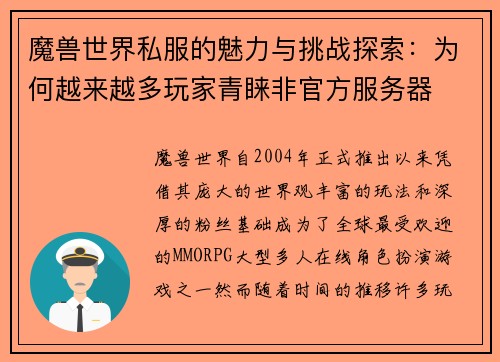 魔兽世界私服的魅力与挑战探索：为何越来越多玩家青睐非官方服务器